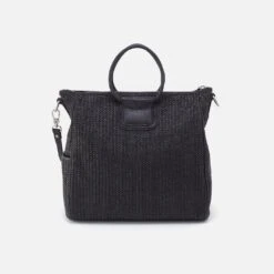 Sheila Large Satchel In Raffia With Leather Trim - Black -Hobo Sales Store RF 51088BLK 04
