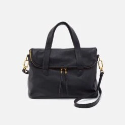 Fern Foldover Satchel In Pebbled Leather - Black