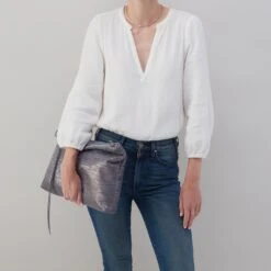 Ziggy Crossbody In Linen Metallic Leather - Navy Linen -Hobo Sales Store VI 35763NVYL 04